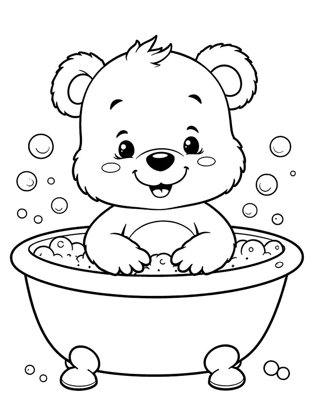 Baby bear bathing in a tub coloring page